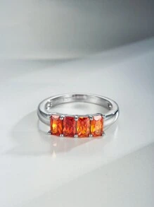 1pc Simple & Chic S925 Sterling Silver Ring Featuring Hand-set Orange Octagon-cut Stone, Perfect For Daily Wear For Women - Silver - View 5
