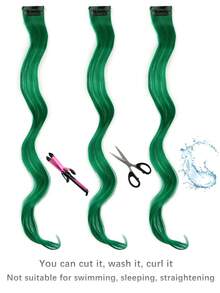 10片彩色夹式接发，16英寸长卷曲波浪假发片，夹式合成材质，万圣节角色扮演装扮时尚派对圣诞节狂欢节音乐节新年礼物，适合女性、儿童和女孩（红色） - 墨綠色 - 查看 5