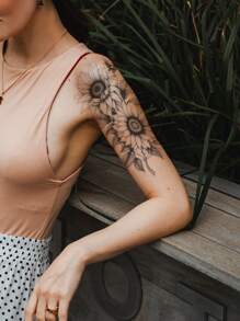 1pc Negro Girasol Y Flor Diseño Brazo Grande, Pecho, Abdomen, Espalda Tatuaje Temporal Pegatina - Negro - Ver 3