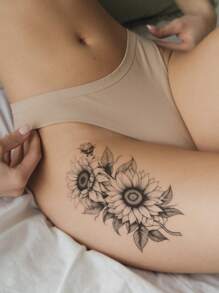 1pc Negro Girasol Y Flor Diseño Brazo Grande, Pecho, Abdomen, Espalda Tatuaje Temporal Pegatina - Negro - Ver 4