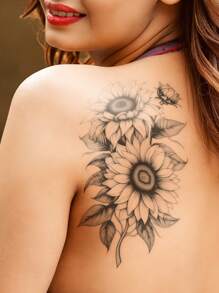 1pc Negro Girasol Y Flor Diseño Brazo Grande, Pecho, Abdomen, Espalda Tatuaje Temporal Pegatina - Negro - Ver 1