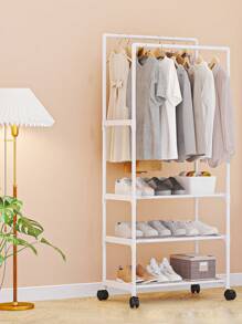 3-tier White Movable Clothes Hanger, Coat Rack, Shoe Rack With Wheels, Floor-standing - White - View 3