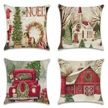 4入組聖誕主題格紋枕套,裝飾有聖誕樹、聖誕老人、信函和花環圖案,農家風格裝飾,適用於汽車、沙發、床、家居、戶外,不包含枕芯 - 彩色 - 查看 3