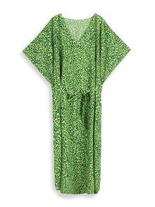 加豹紋蝙蝠翼袖服裝開衩下擺長罩衫裙海灘連衣裙 - 綠色 - 查看 5