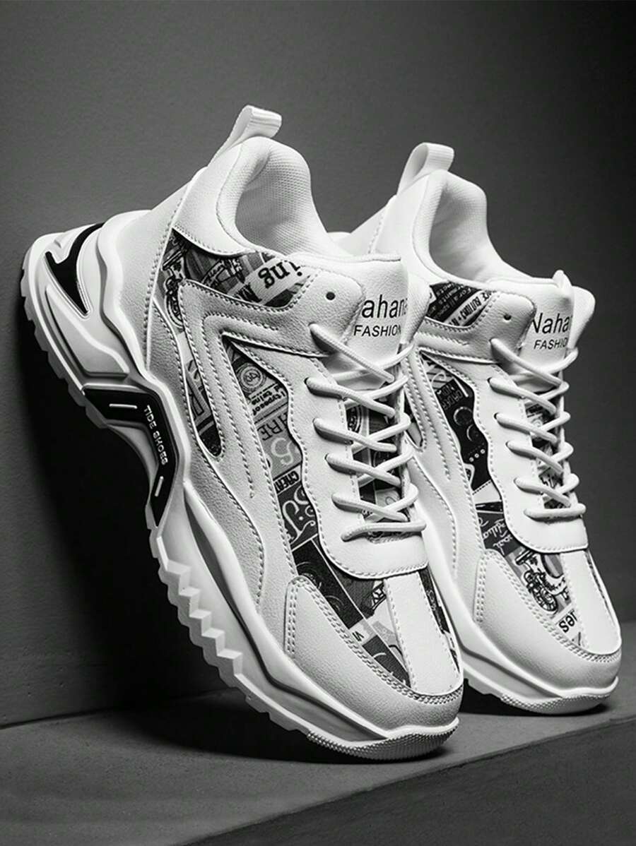 男士时尚运动休闲鞋，防水防滑中高帮工作户外鞋，适合秋季和旅行（图案随机/不对称） - 黑與白 - 查看 1