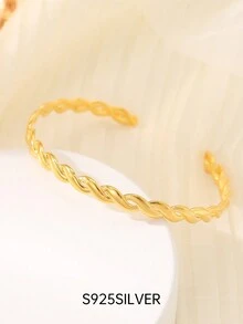 Under the banyan tree 1 件簡約 925 純銀扭絲和開口手鐲女式,ins 風格流行簡約設計腕帶 - 金色 - 查看 12