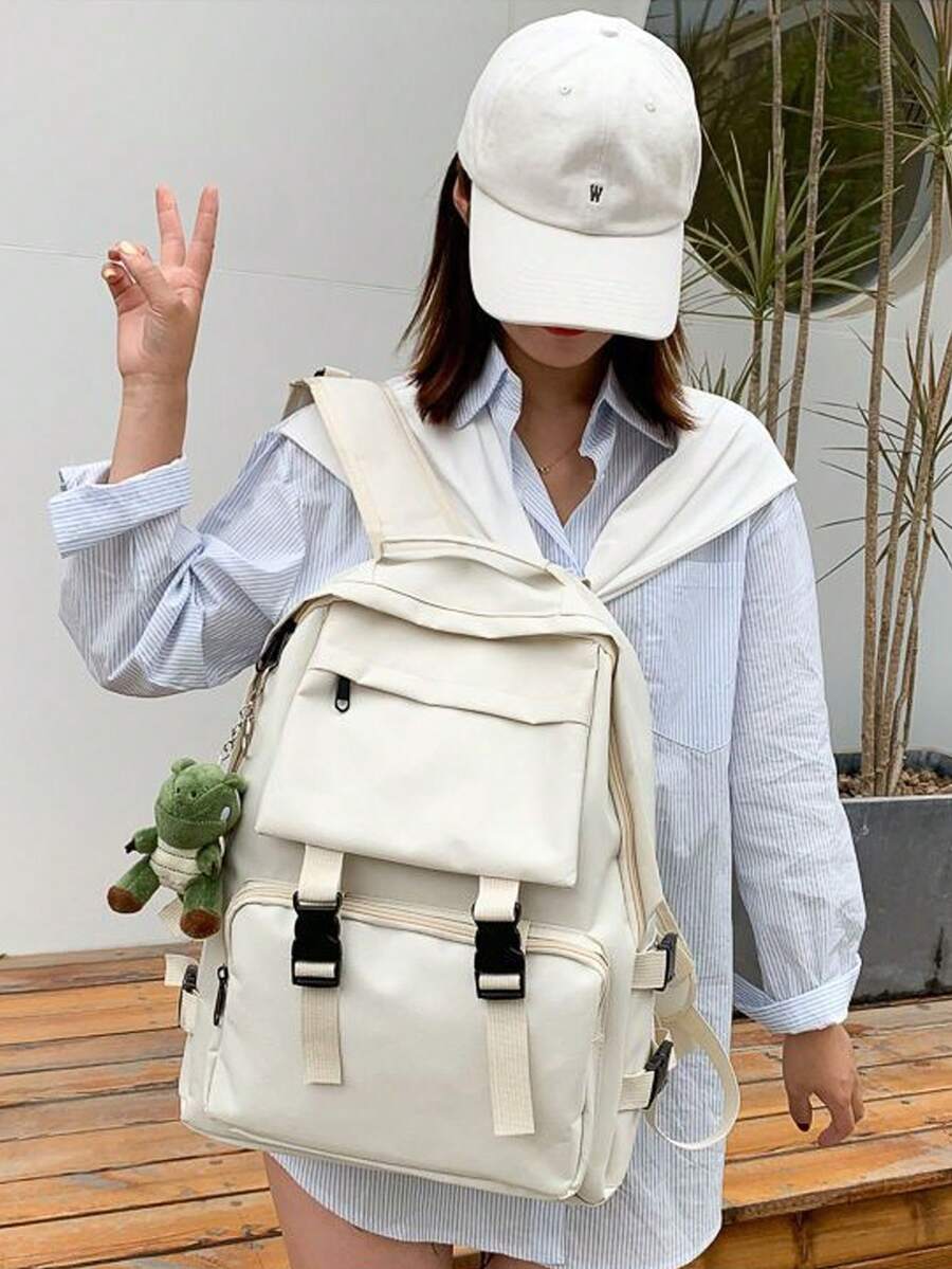 1入白色尼龍素淨背包，適用於女性和學生，與任何服飾搭配