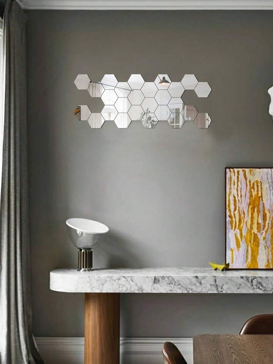 10pcs Mirror Wall Sticker, Hexagon Wall Art Sticker, DIY Household Decorative Tiles Sticker - Silver - View 1