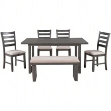 Nestfair Gray 6-Piece Wood Dining Table Set with 4 Chairs and Bench