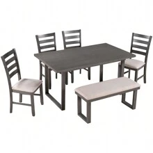 Nestfair Gray 6-Piece Wood Dining Table Set with 4 Chairs and Bench