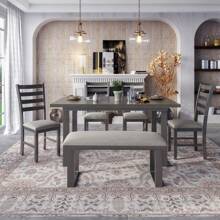Nestfair Gray 6-Piece Wood Dining Table Set with 4 Chairs and Bench