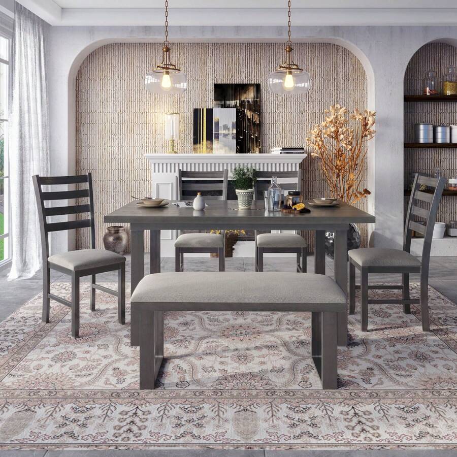 Nestfair Gray 6-Piece Wood Dining Table Set with 4 Chairs and Bench