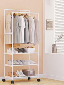 3-tier White Movable Clothes Hanger, Coat Rack, Shoe Rack With Wheels, Floor-standing - White - View 5