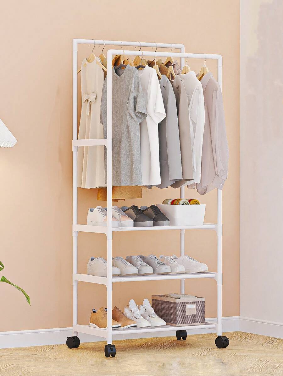 3-tier White Movable Clothes Hanger, Coat Rack, Shoe Rack With Wheels, Floor-standing - White - View 1