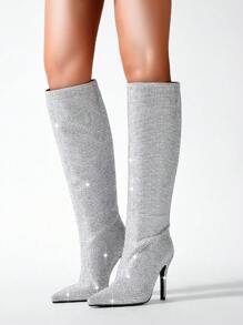 New Quality Rhinestone Knee-High Boots, Sexy Thin High Heels Over-The-Knee Boots For Women - Grey - View 1