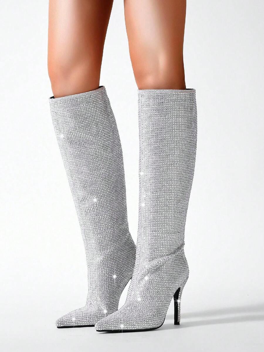 New Quality Rhinestone Knee-High Boots, Sexy Thin High Heels Over-The-Knee Boots For Women - Grey - View 1