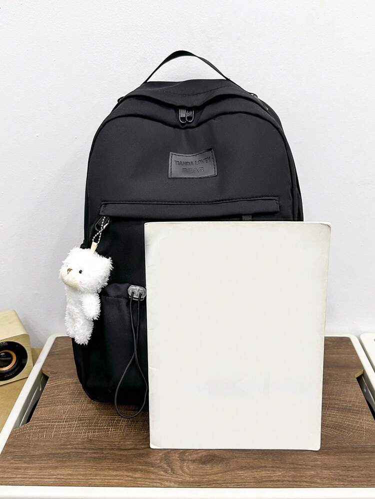 1pc Bear Pendant Decorated Large Capacity Casual Fashionable Black Backpack Suitable For Girls' Daily Use, School And Outing School Backpack Large Capacity For Teen Girls Women College Students Middle School, High School, Back To School, School Backpack, Large Capacity, Portable, Laptop Compartment, For Teen Girls Women College Students, Boys And Men, College
