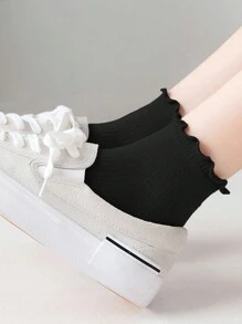 6 雙裝黑色甜美可愛日式簡約時尚女式扇貝邊短襪 - 黑色 - 查看 5