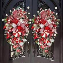 1入組聖誕糖果手杖形人造樹壁掛裝飾花環，非常適合派對、婚禮、節日等