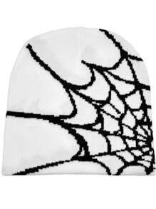 Y2k哥德式蜘蛛紋經典針織帽,女用無邊帽冬季保暖活動帽男女時尚百搭側標 - 白色 - 查看 6