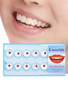 1盒10件，红色水晶莱茵石牙齿饰品牙齿配件 - 紅色 - 查看 2