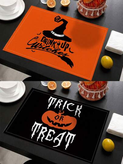 2pcs Halloween Digital Print Waterproof & Heat Resistant Placemats, Linen Tablecloth For Dining Table/coffee Table/party Decoration
