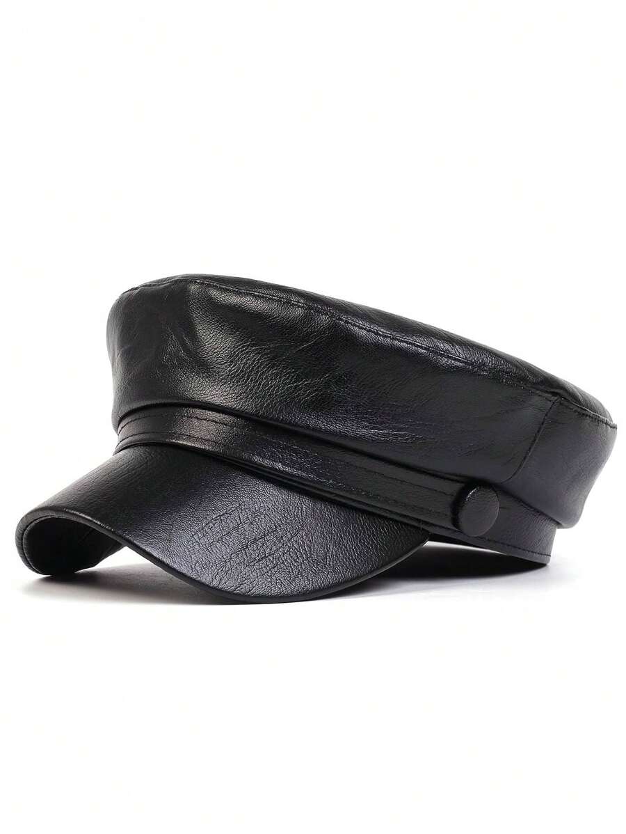 Ladies' Solid Color Pu Leather Beret Cap - Black - View 1
