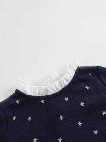 Young Girls' Fashionable And Lovely Velvet Thermal Print Splice Mesh Lace Round Neck Long Sleeve Dress For Autumn - Navy Blue - View 3