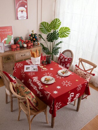 1pc Polyester Digital Printing Red Christmas Letter Decor Tablecloth