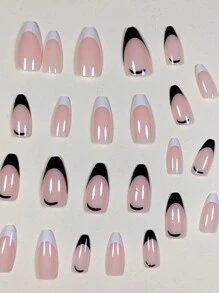 Juego De Uñas Postizas Con Forma De Almendra, Estilo Francés, Blanco Y Negro, Simple, 24 Uds., Para Uso Diario - Multicolor - Ver 3