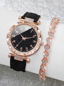 Đồng hồ đeo tay thạch anh thời trang dành cho nữ có đính đá Rhinestone & mặt số tối giản, cùng với bộ vòng tay hình trái tim đính đá Rhinestone nguyên khối (2 chiếc/bộ) làm quà tặng cho học sinh trở lại trường vào ngày lễ tình nhân - màu đen - Xem 3