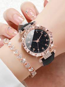 Đồng hồ đeo tay thạch anh thời trang dành cho nữ có đính đá Rhinestone & mặt số tối giản, cùng với bộ vòng tay hình trái tim đính đá Rhinestone nguyên khối (2 chiếc/bộ) làm quà tặng cho học sinh trở lại trường vào ngày lễ tình nhân - màu đen - Xem 2