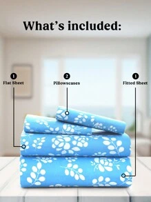 Lux Decor 4-Piece Floral Bed Sheet Set, High GSM Brushed Microfiber Bedding With 16-Inch Deep Pocket Fitted Sheet, Soft Cozy Breathable Bed Sheets And Pillowcases, Easy Care Bedding For Bedroom, Guest Room And Dorm - 藍色 - 查看 2