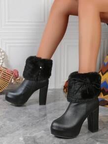 Women's Fancy Round Toe Side Zipper Velvet Fur Edge High Heel Fashion Boots - Black - View 1