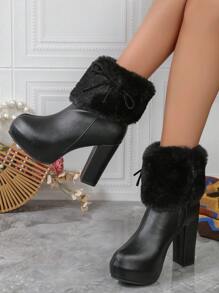 Women's Fancy Round Toe Side Zipper Velvet Fur Edge High Heel Fashion Boots - Black - View 2