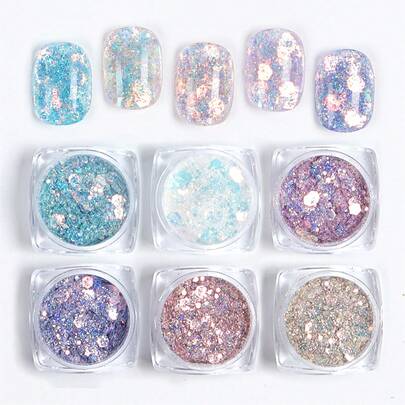 6件套美人鱼美甲亮片AB彩全息六边形闪粉UV凝胶美甲装饰DIY美甲饰品美甲用品