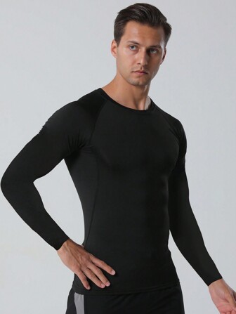 Men's Compression Long Sleeve Tee For Winter Fitness Workout, Running, Basketball, Training Sports, Black With Black Lines, Warm Thermal Lined, High Elasticity Gym Clothes Men Basic T-Shirt