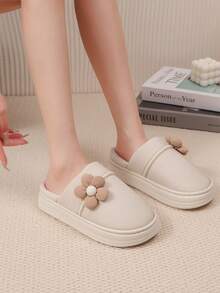 女式保暖毛絨輕便可折疊拖鞋,帶流蘇裝飾和 3d 花朵設計,時尚可愛風格室內/戶外拖鞋,適合家居、臥室、秋冬,防水 Eva 材質,自然色 - 米色 - 查看 5