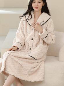 1 件女式珊瑚絨浴袍,可作為家居服穿著,冬季 - 米色 - 查看 10