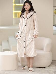 1 件女式珊瑚絨浴袍,可作為家居服穿著,冬季 - 米色 - 查看 9