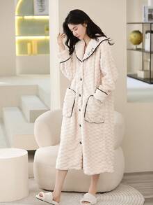 1 件女式珊瑚絨浴袍,可作為家居服穿著,冬季 - 米色 - 查看 8