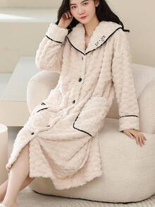 1 件女式珊瑚絨浴袍,可作為家居服穿著,冬季 - 米色 - 查看 11