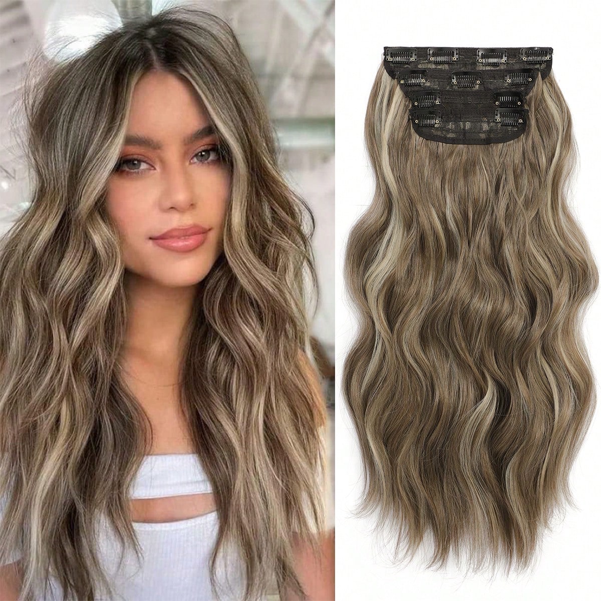 Piezas de extensiones de cabello con clip, color castaño ceniza con reflejos, 20 pulgadas de largo, ondulado y rizado, material de fibra sintética,