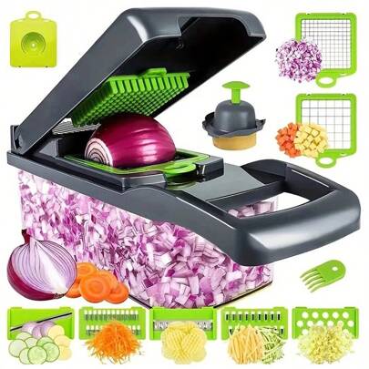 12/16 piezas Picadora de verduras, Rebanador de frutas multifunción, Rallador de alimentos manual, Rebanador de verduras, Picadora con recipiente, Picadora de cebolla (con cuchillas intercambiables), Rallador de patatas, Utensilios de cocina, Herramientas de cocina