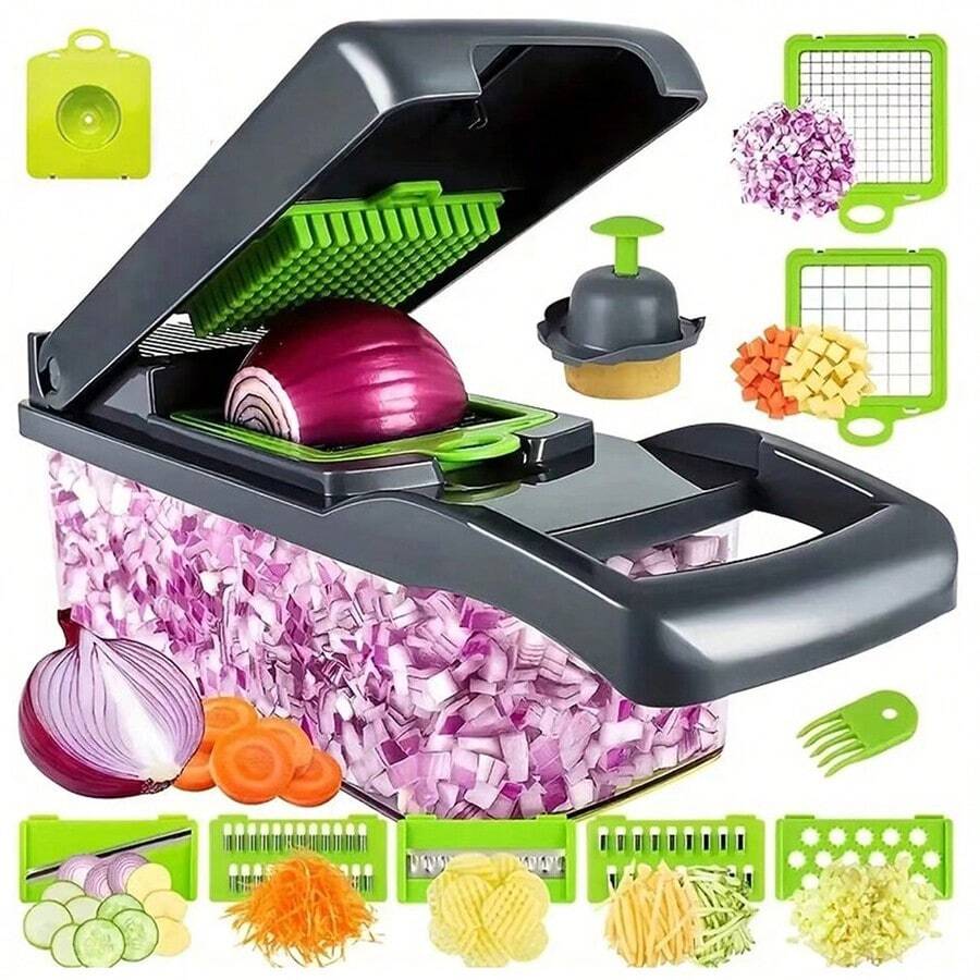 Bộ 12/16 món dụng cụ thái rau củ, thái trái cây đa năng, bào thực phẩm cầm tay, thái rau củ, máy thái có hộp đựng, máy thái hành tây (có lưỡi thay thế), bào khoai tây, dụng cụ nhà bếp, đồ dùng nhà bếp - Nhiều màu - Xem 1