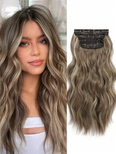 4片装夹式接发片，灰棕色带挑染，20英寸长波浪卷发全头夹式接发，合成纤维材质，女士适用