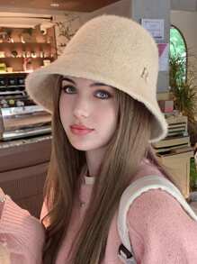 1pc Women's Bucket Hat With Fashionable Letter Print, Solid Color, Winter Thickened Warm Basin Hat, Versatile And Minimalist Style, Suitable For Daily Use Elegant - Beige - View 3