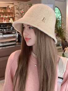 1pc Women's Bucket Hat With Fashionable Letter Print, Solid Color, Winter Thickened Warm Basin Hat, Versatile And Minimalist Style, Suitable For Daily Use Elegant - Beige - View 2