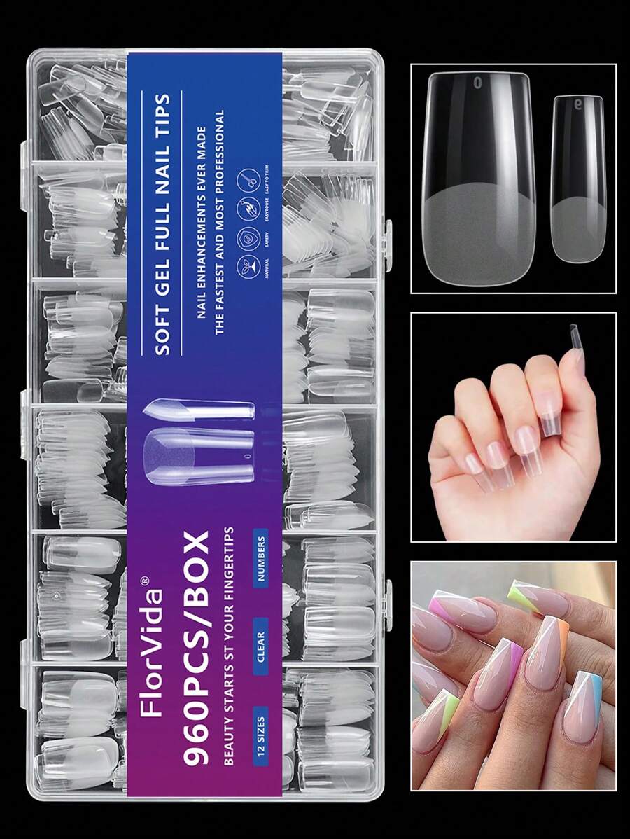960 Cái/hộp Full Cover Móng Tay Giả Gel Mềm Đầu Trung Bình Dài Vuông Nửa Mờ Trong Suốt Mở Rộng Nhanh Ấn Vào Móng Tay Cho DIY Nail Salon Và Đồ Dùng Làm Móng Tại Nhà - Trong sáng - Xem 1