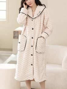 1 件女式珊瑚絨浴袍,可作為家居服穿著,冬季 - 米色 - 查看 5